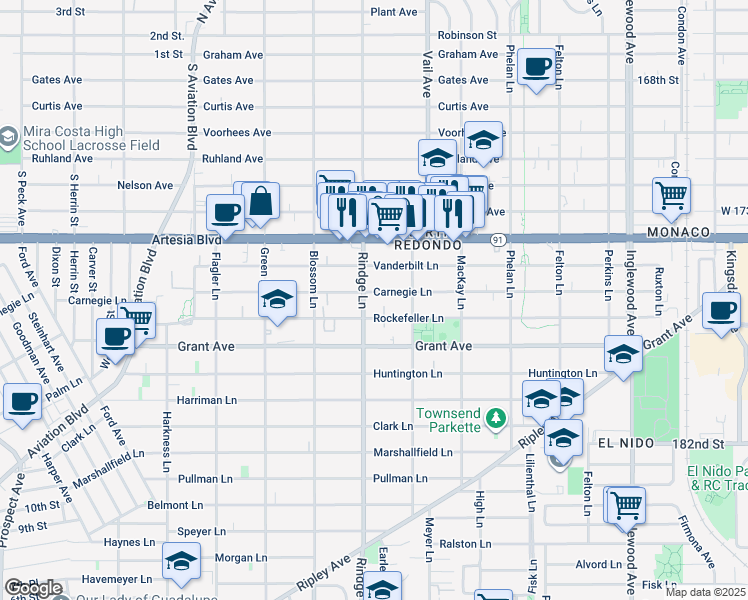 map of restaurants, bars, coffee shops, grocery stores, and more near 2204 Carnegie Lane in Redondo Beach
