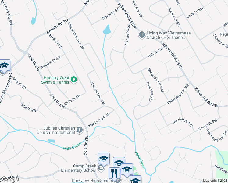 map of restaurants, bars, coffee shops, grocery stores, and more near 671 Bow Court Southwest in Lilburn