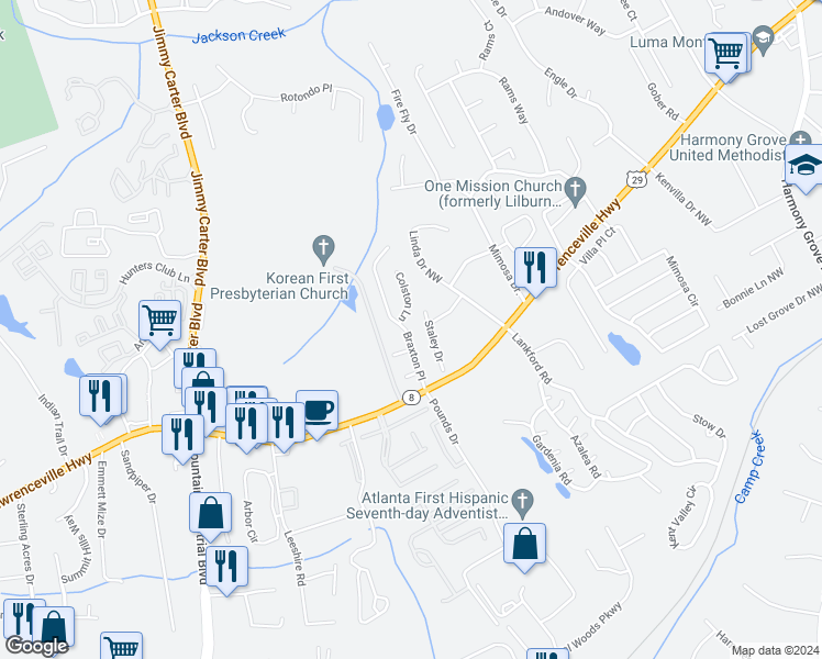 map of restaurants, bars, coffee shops, grocery stores, and more near 257 Braxton Place in Tucker