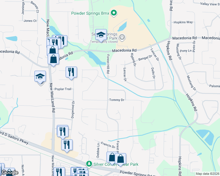 map of restaurants, bars, coffee shops, grocery stores, and more near 3493 Forest Hill Road in Powder Springs