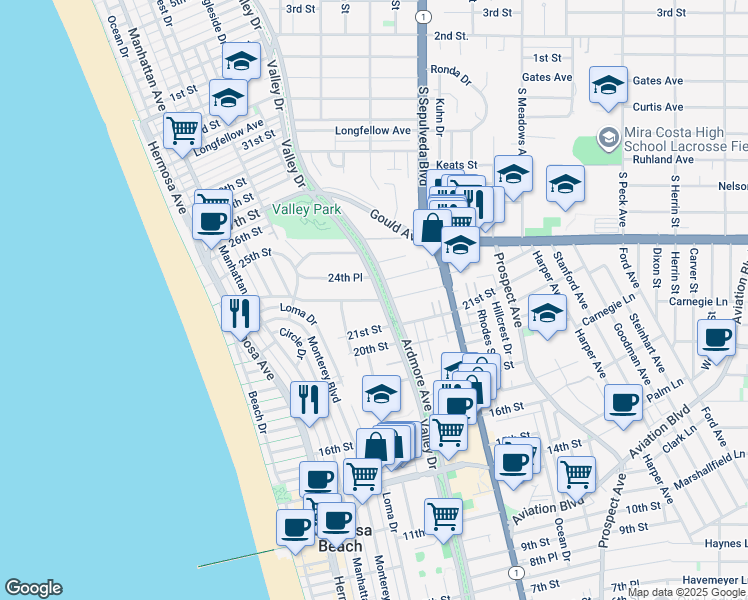 map of restaurants, bars, coffee shops, grocery stores, and more near 24th Street in Hermosa Beach