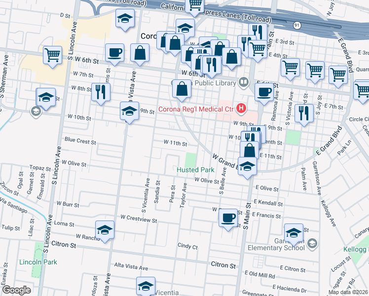 map of restaurants, bars, coffee shops, grocery stores, and more near 526 West 11th Street in Corona