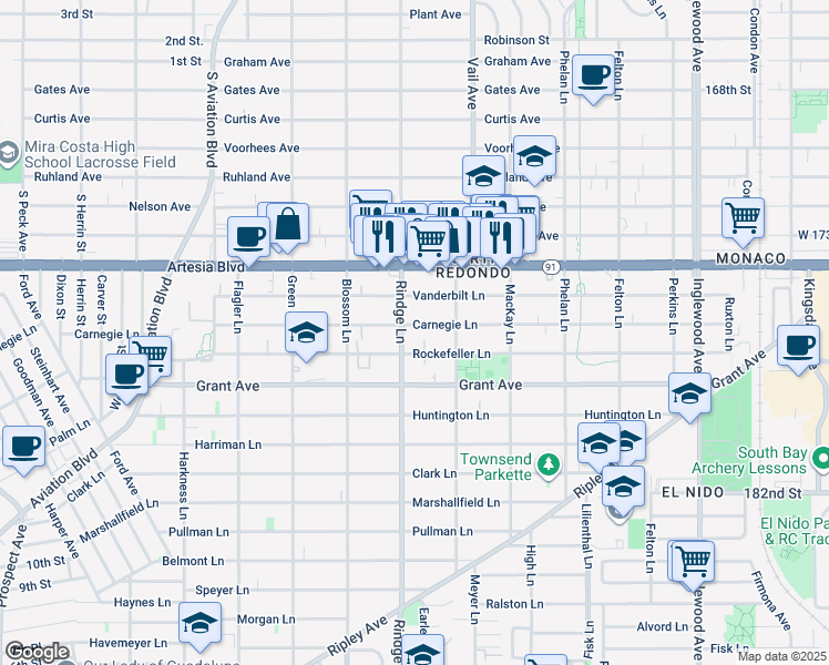 map of restaurants, bars, coffee shops, grocery stores, and more near 2200 Rockefeller Lane in Redondo Beach