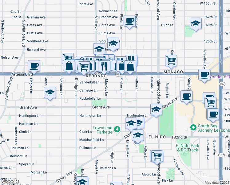 map of restaurants, bars, coffee shops, grocery stores, and more near 2406 Rockefeller Lane in Redondo Beach