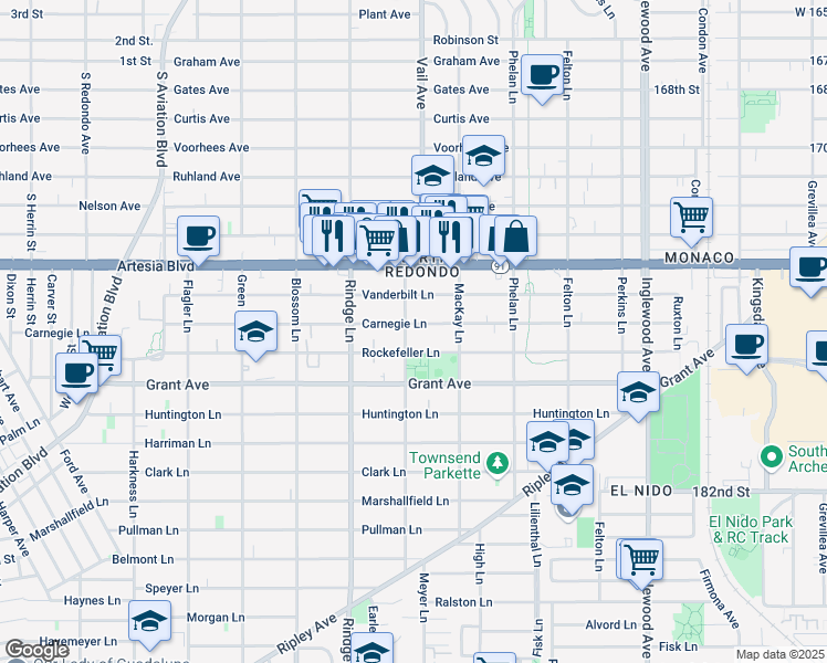 map of restaurants, bars, coffee shops, grocery stores, and more near 2221 Rockefeller Lane in Redondo Beach