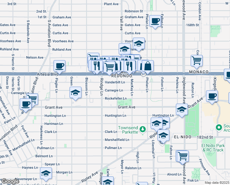 map of restaurants, bars, coffee shops, grocery stores, and more near 2221 Rockefeller Lane in Redondo Beach