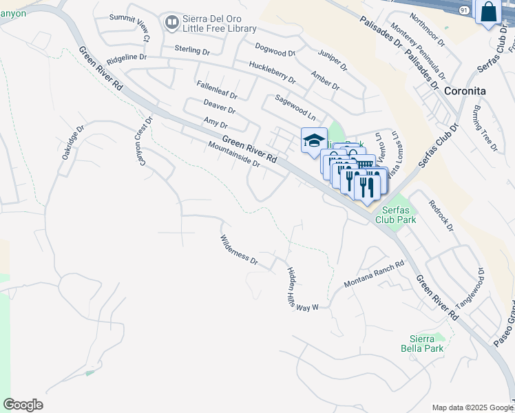 map of restaurants, bars, coffee shops, grocery stores, and more near 1234 Goldenview Drive in Corona