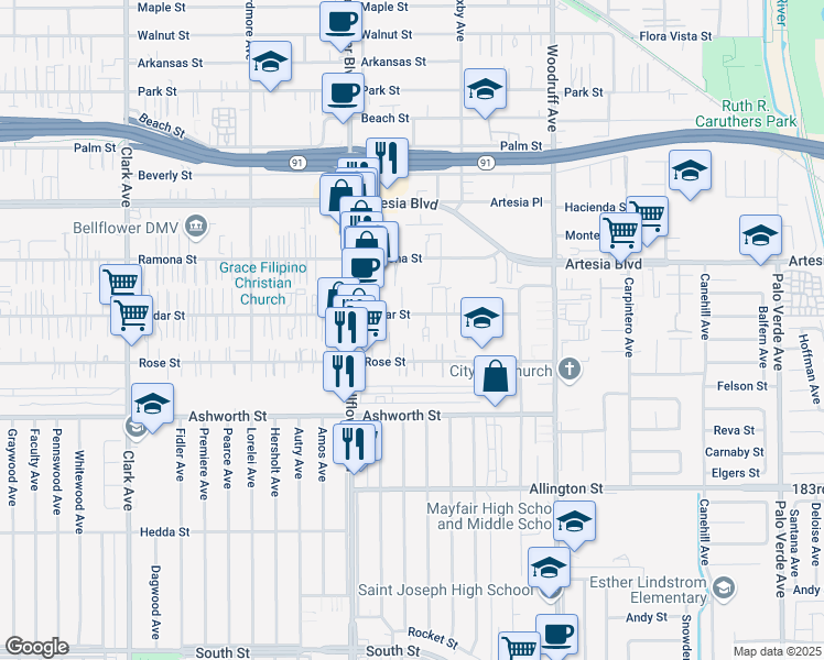 map of restaurants, bars, coffee shops, grocery stores, and more near 9910 Cedar Street in Bellflower