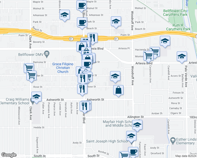 map of restaurants, bars, coffee shops, grocery stores, and more near 9910 Cedar Street in Bellflower