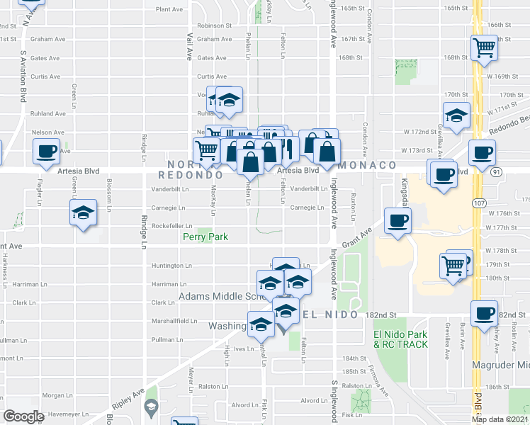 map of restaurants, bars, coffee shops, grocery stores, and more near 2510 Carnegie Lane in Redondo Beach