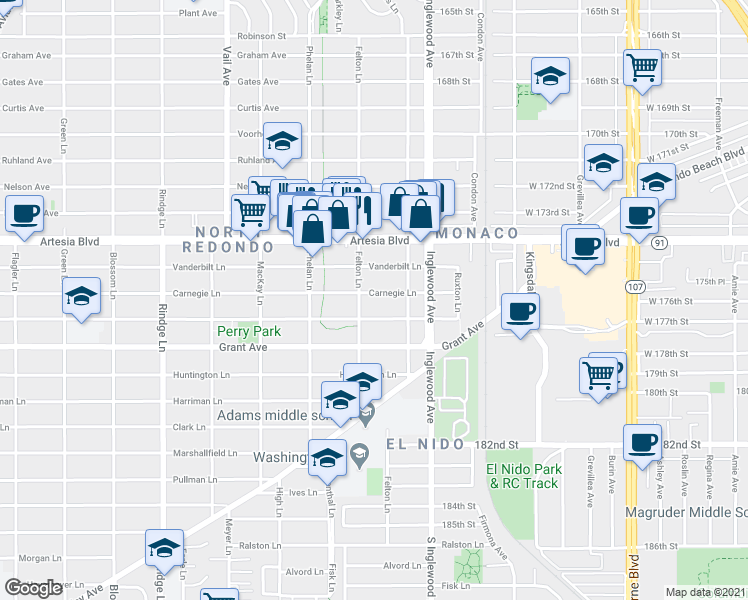 map of restaurants, bars, coffee shops, grocery stores, and more near 2606 Carnegie Lane in Redondo Beach