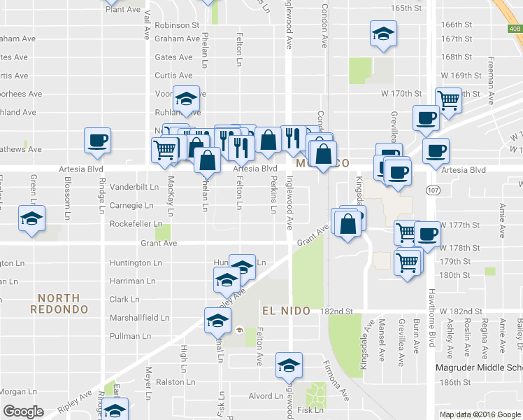 map of restaurants, bars, coffee shops, grocery stores, and more near 2614 Carnegie Lane in Redondo Beach