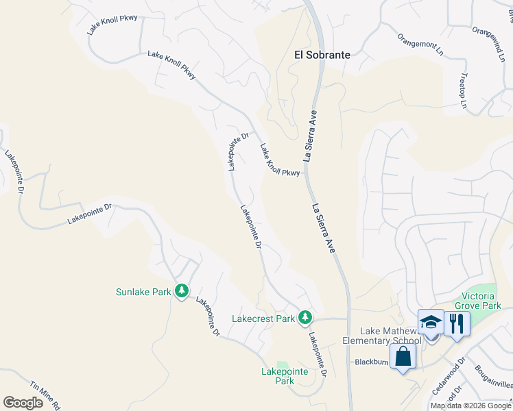 map of restaurants, bars, coffee shops, grocery stores, and more near 17750 Crown Creek Circle in Riverside