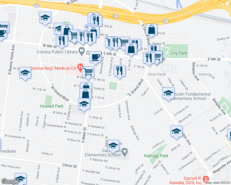 map of restaurants, bars, coffee shops, grocery stores, and more near 1018 South Howard Street in Corona