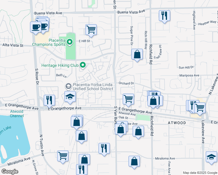map of restaurants, bars, coffee shops, grocery stores, and more near 1548 Spruce Street in Placentia