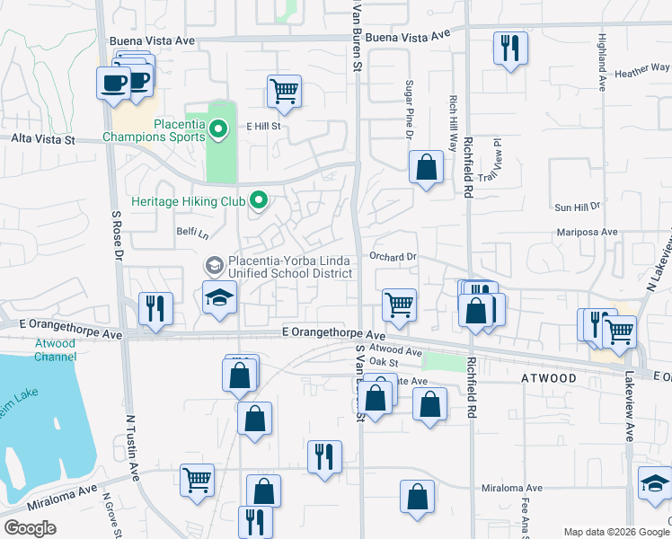 map of restaurants, bars, coffee shops, grocery stores, and more near 1548 Spruce Street in Placentia