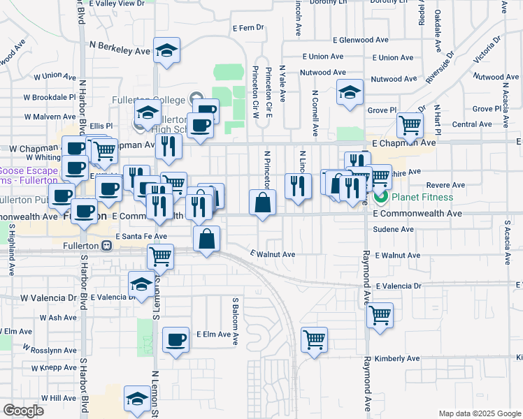 map of restaurants, bars, coffee shops, grocery stores, and more near 630 East Commonwealth Avenue in Fullerton