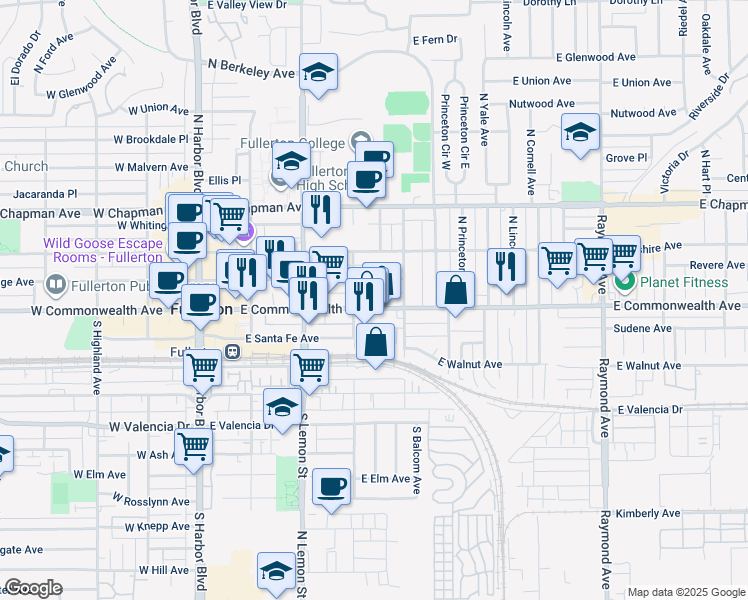 map of restaurants, bars, coffee shops, grocery stores, and more near 424 East Commonwealth Avenue in Fullerton