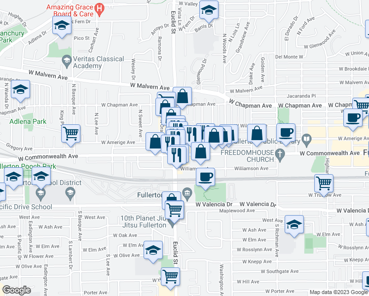 map of restaurants, bars, coffee shops, grocery stores, and more near 820 West Commonwealth Avenue in Fullerton
