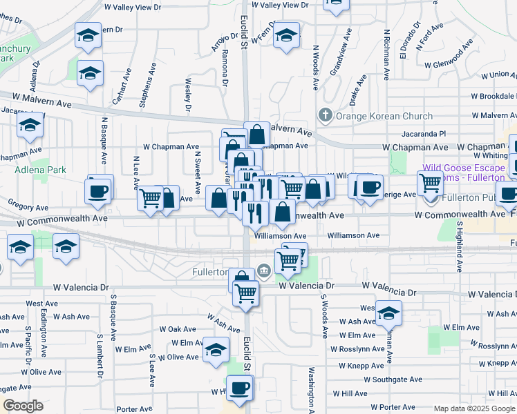 map of restaurants, bars, coffee shops, grocery stores, and more near 820 West Commonwealth Avenue in Fullerton