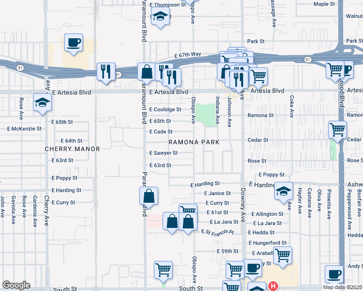 map of restaurants, bars, coffee shops, grocery stores, and more near 3114 East Sawyer Street in Long Beach