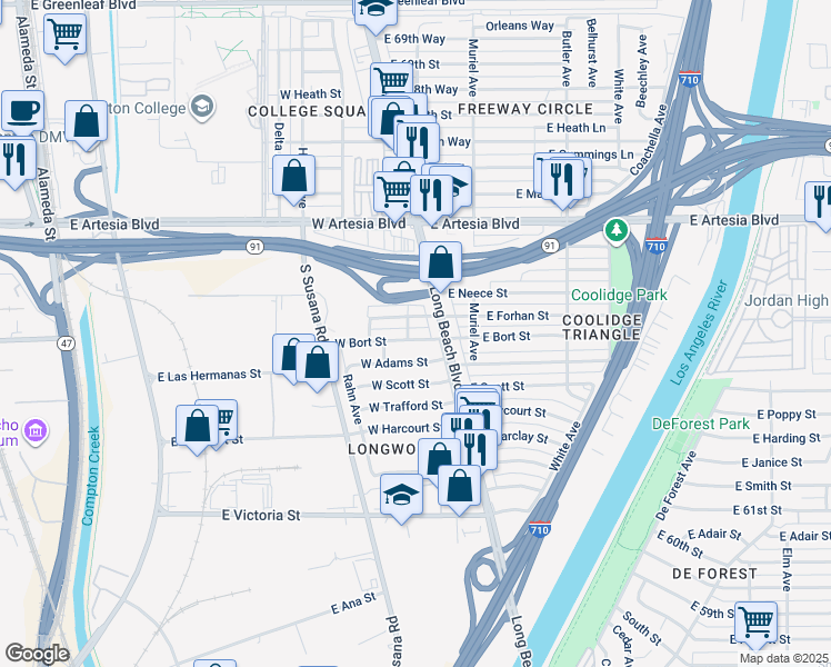 map of restaurants, bars, coffee shops, grocery stores, and more near 71 West Adams Street in Long Beach
