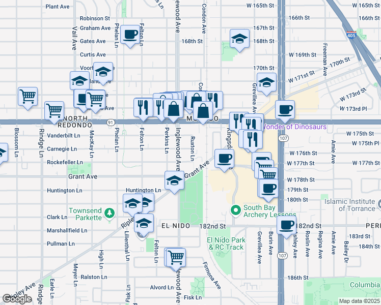 map of restaurants, bars, coffee shops, grocery stores, and more near 2719 Rockefeller Lane in Redondo Beach