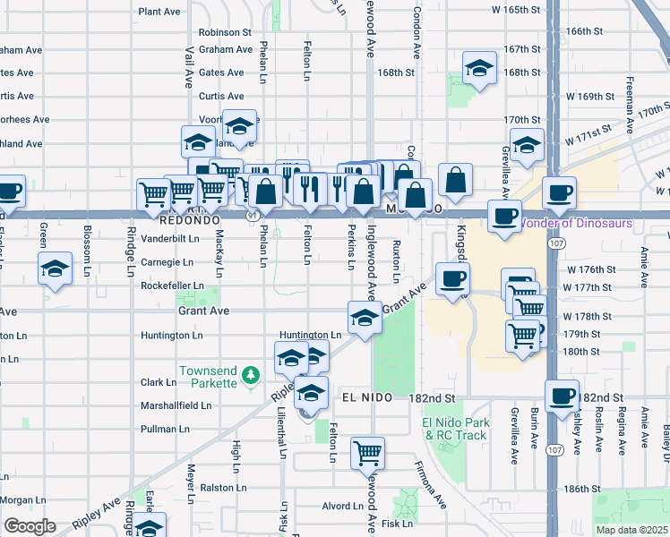 map of restaurants, bars, coffee shops, grocery stores, and more near 2609 Rockefeller Lane in Redondo Beach