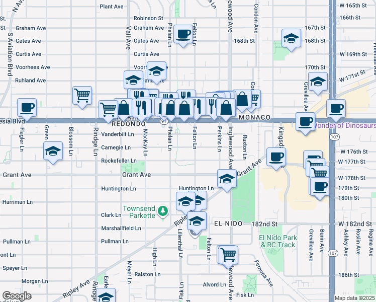 map of restaurants, bars, coffee shops, grocery stores, and more near 2517 Rockefeller Lane in Redondo Beach