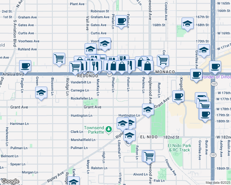 map of restaurants, bars, coffee shops, grocery stores, and more near 2422 Rockefeller Lane in Redondo Beach