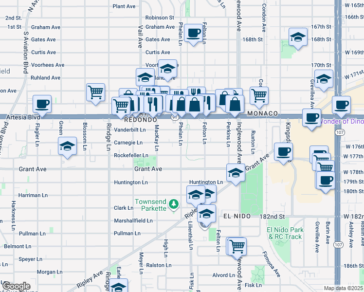 map of restaurants, bars, coffee shops, grocery stores, and more near 2422 Rockefeller Lane in Redondo Beach