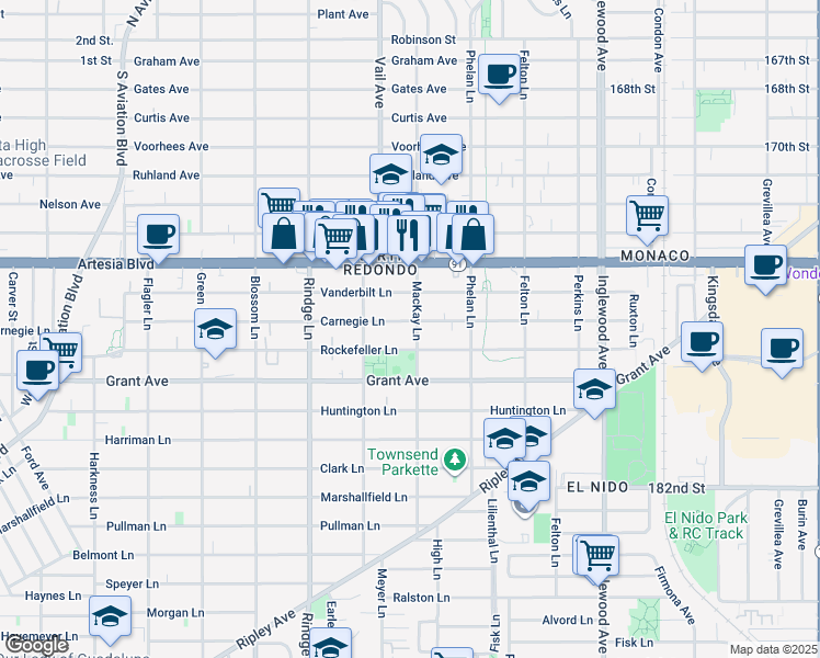 map of restaurants, bars, coffee shops, grocery stores, and more near 2313 Rockefeller Lane in Redondo Beach