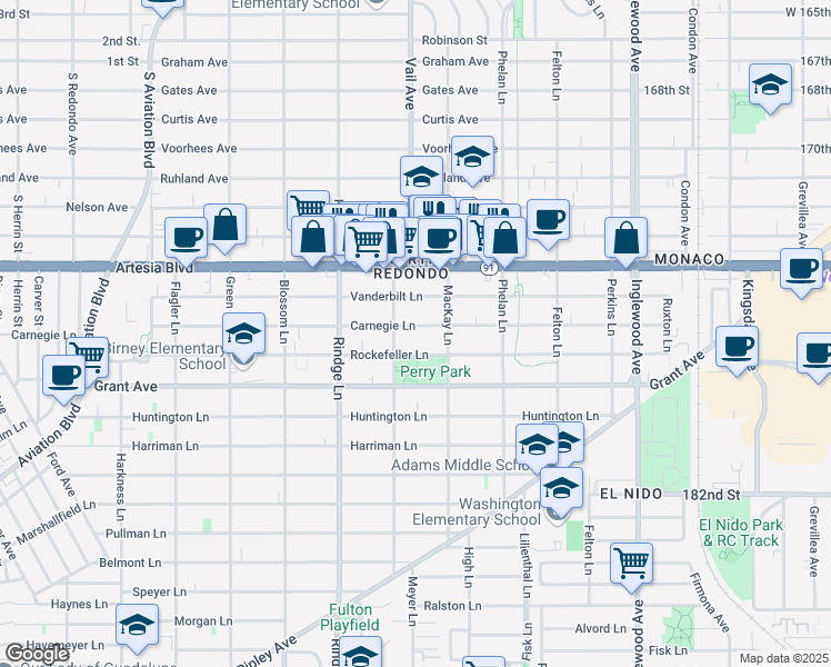 map of restaurants, bars, coffee shops, grocery stores, and more near 2313 Rockefeller Lane in Redondo Beach