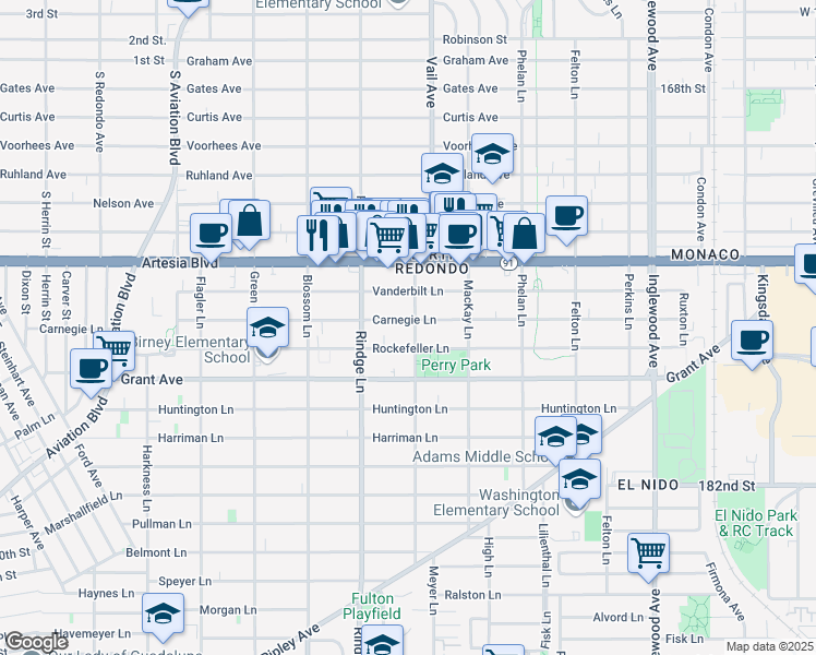 map of restaurants, bars, coffee shops, grocery stores, and more near 2221 Rockefeller Lane in Redondo Beach