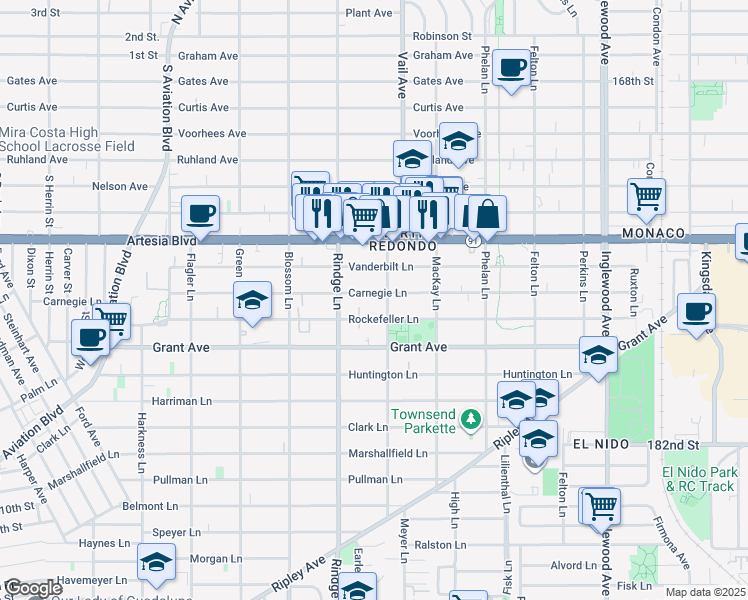 map of restaurants, bars, coffee shops, grocery stores, and more near 2221 Rockefeller Lane in Redondo Beach