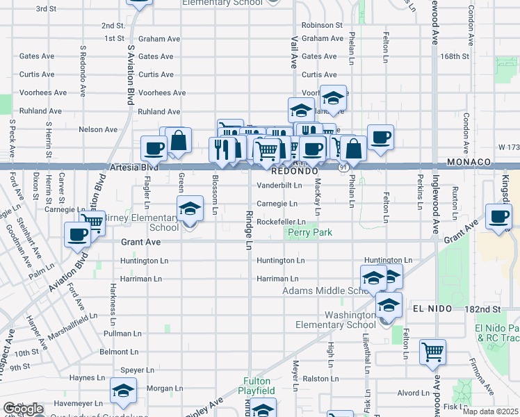 map of restaurants, bars, coffee shops, grocery stores, and more near 2200 Rockefeller Lane in Redondo Beach