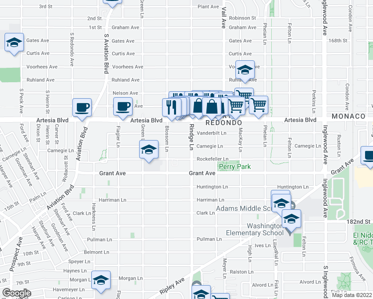 map of restaurants, bars, coffee shops, grocery stores, and more near 2200 Rockefeller Lane in Redondo Beach