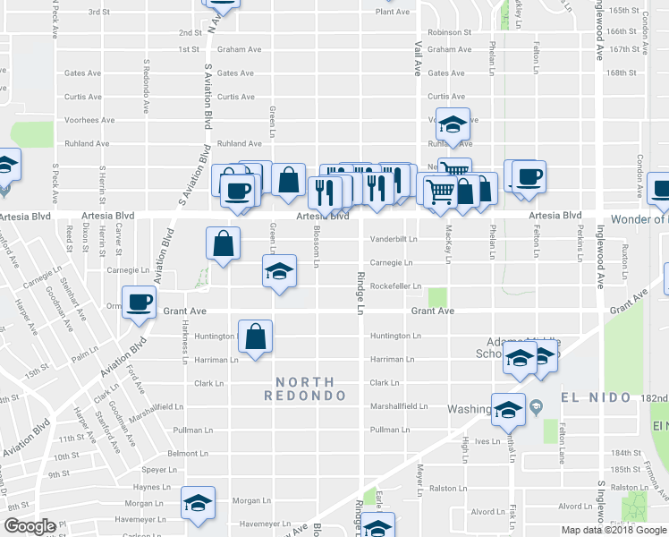 map of restaurants, bars, coffee shops, grocery stores, and more near 2108 Rockefeller Lane in Redondo Beach