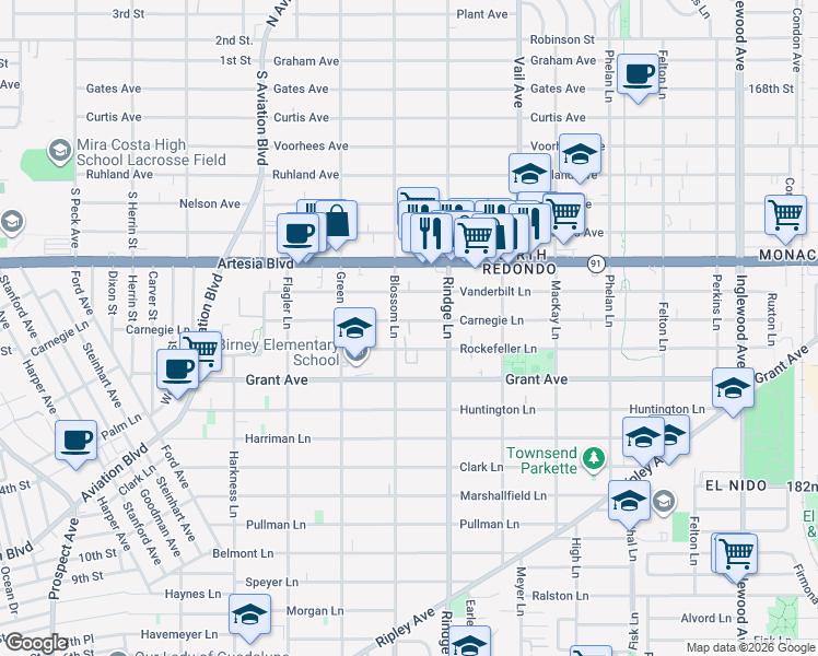 map of restaurants, bars, coffee shops, grocery stores, and more near 2108 Rockefeller Lane in Redondo Beach