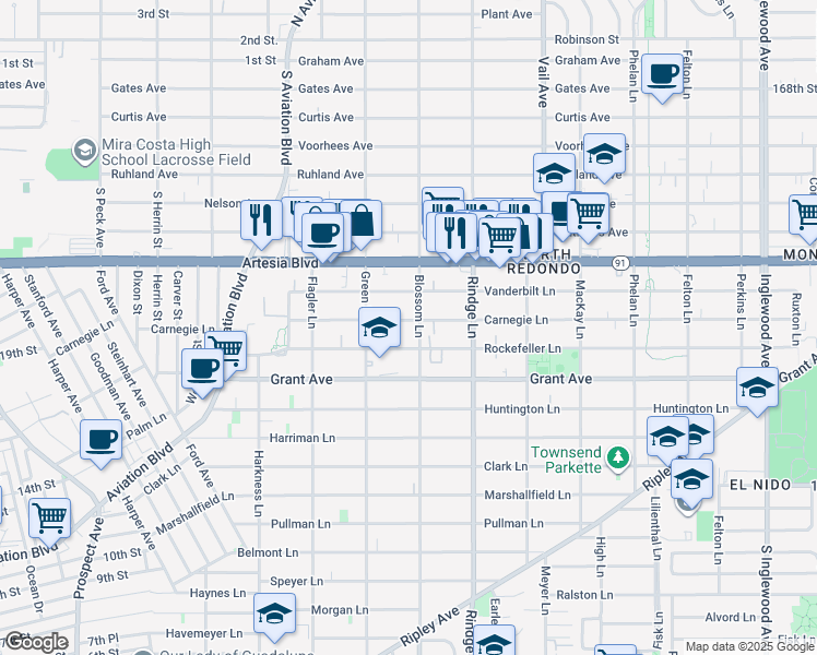map of restaurants, bars, coffee shops, grocery stores, and more near 1600 Green Lane in Redondo Beach