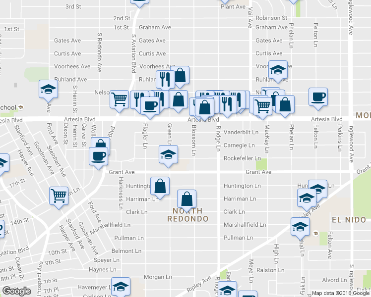 map of restaurants, bars, coffee shops, grocery stores, and more near 1600 Green Lane in Redondo Beach
