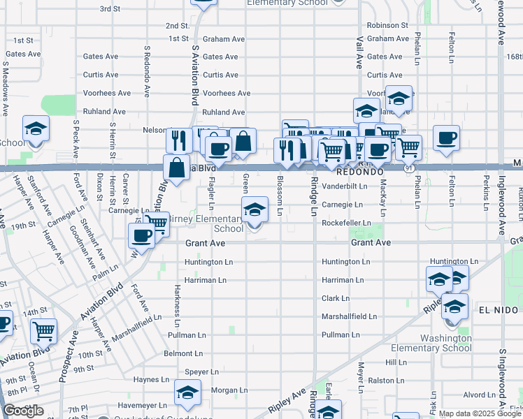 map of restaurants, bars, coffee shops, grocery stores, and more near 1600 Green Lane in Redondo Beach