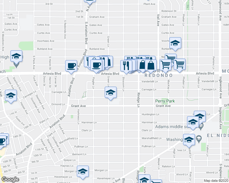 map of restaurants, bars, coffee shops, grocery stores, and more near 1600 Green Lane in Redondo Beach
