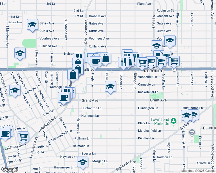map of restaurants, bars, coffee shops, grocery stores, and more near 1922 1/2 Rockefeller Lane in Redondo Beach