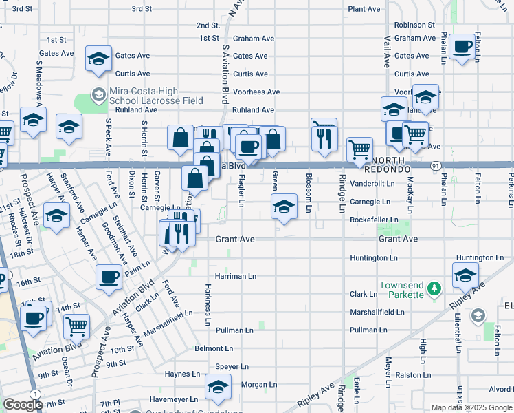map of restaurants, bars, coffee shops, grocery stores, and more near 1905 Rockefeller Lane in Redondo Beach