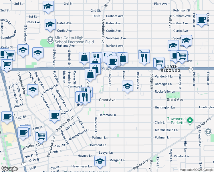 map of restaurants, bars, coffee shops, grocery stores, and more near 1831 Rockefeller Lane in Redondo Beach