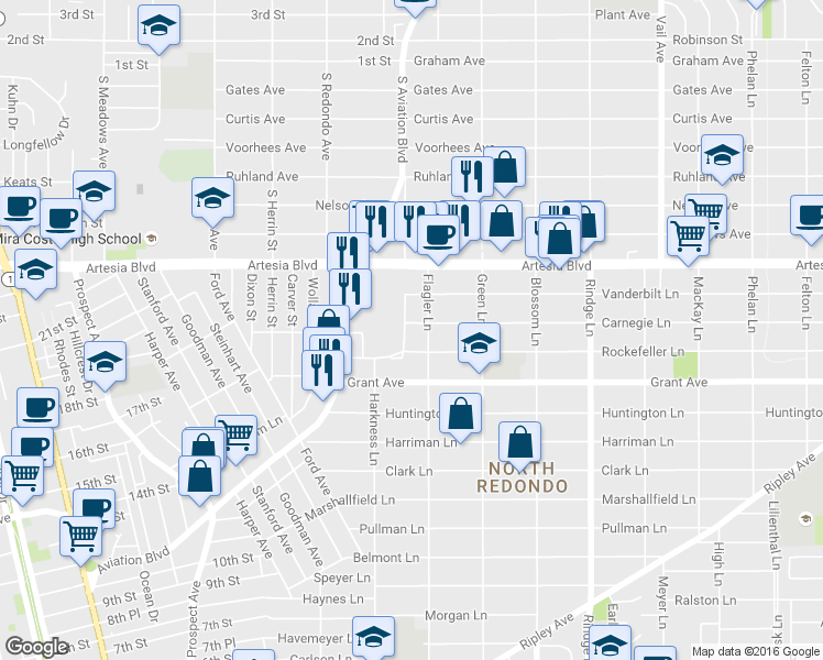 map of restaurants, bars, coffee shops, grocery stores, and more near 1831 Rockefeller Lane in Redondo Beach