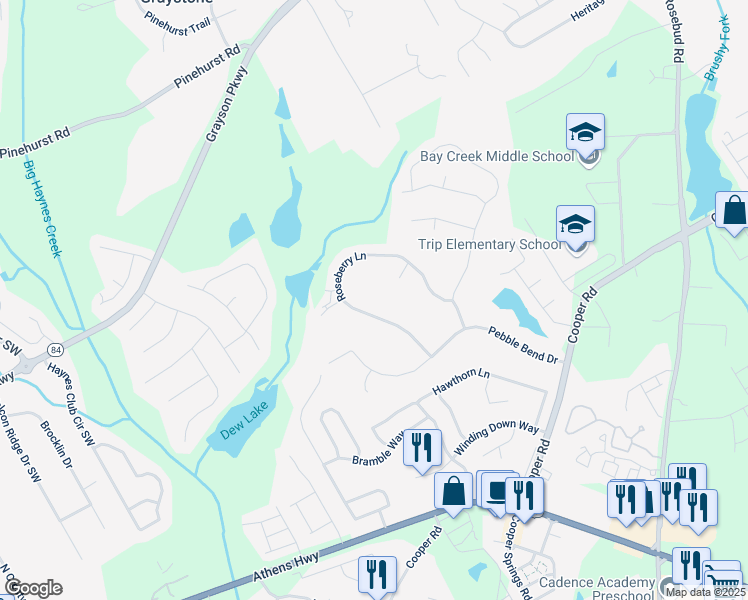 map of restaurants, bars, coffee shops, grocery stores, and more near 2478 Roseberry Lane in Grayson
