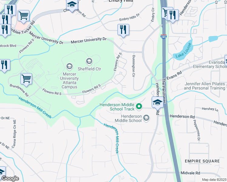 map of restaurants, bars, coffee shops, grocery stores, and more near 3113 Bolero Drive in Atlanta