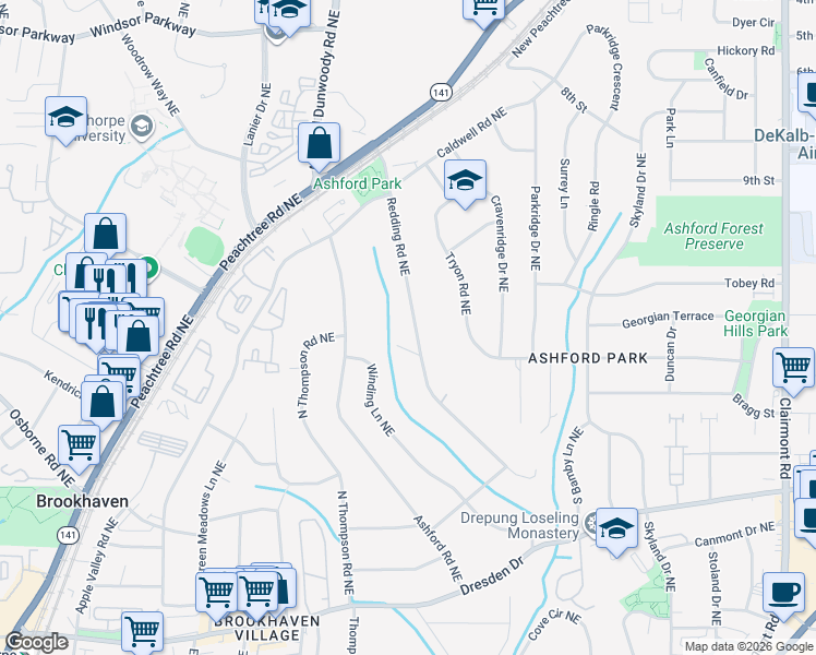 map of restaurants, bars, coffee shops, grocery stores, and more near 2828 Redding Road Northeast in Atlanta